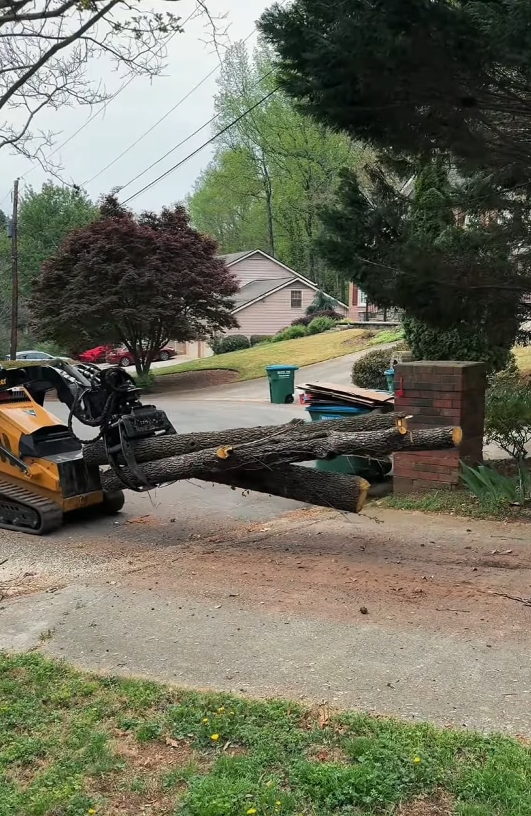 Safe tree removal near residential structures Heavy machinery removing large tree trunk from residential property